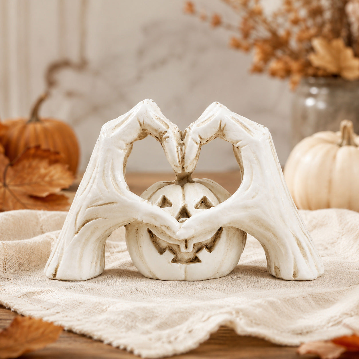 🖤🎃 "Til Death" Skeleton Hands Heart & White Pumpkin Figurine | Spooky Chic Gothic Halloween Decor