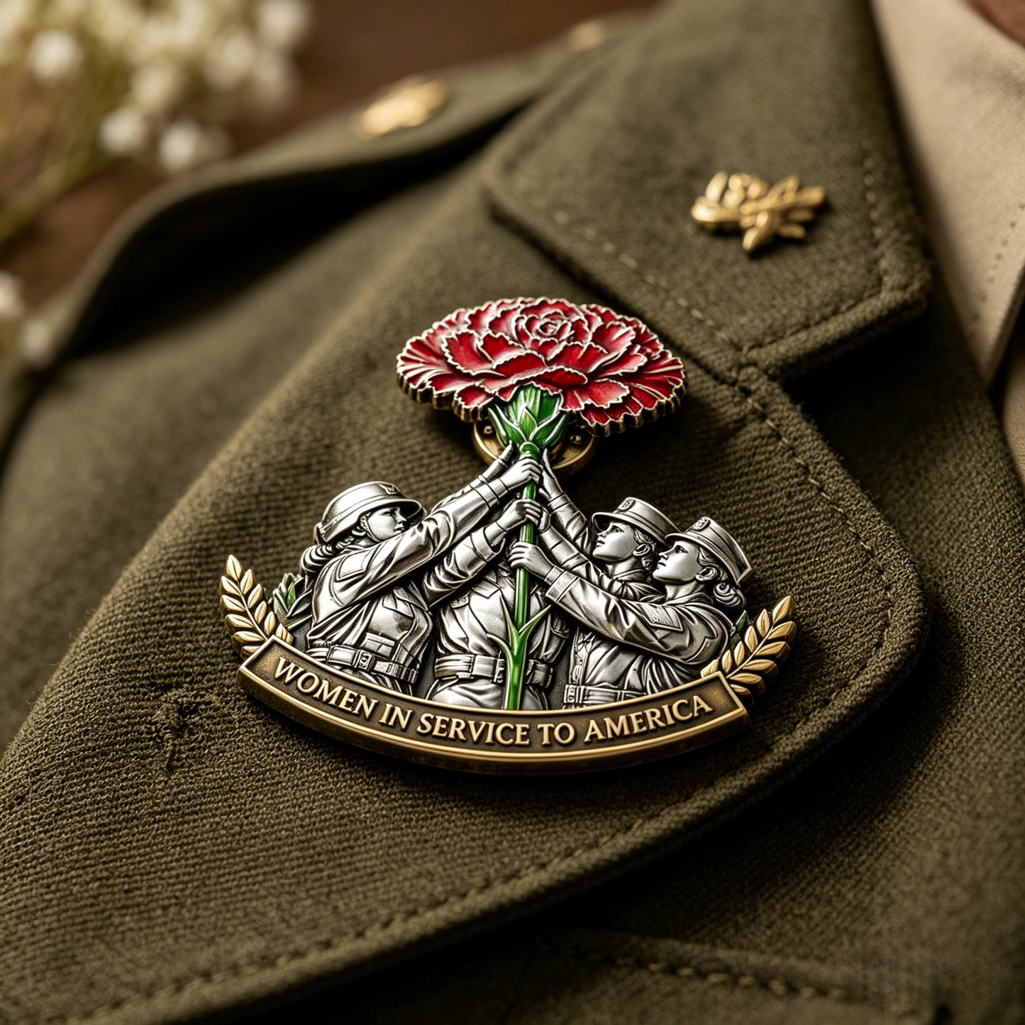 Women in Service Tribute Pin – Carnation Bouquet Military Memorial Brooch