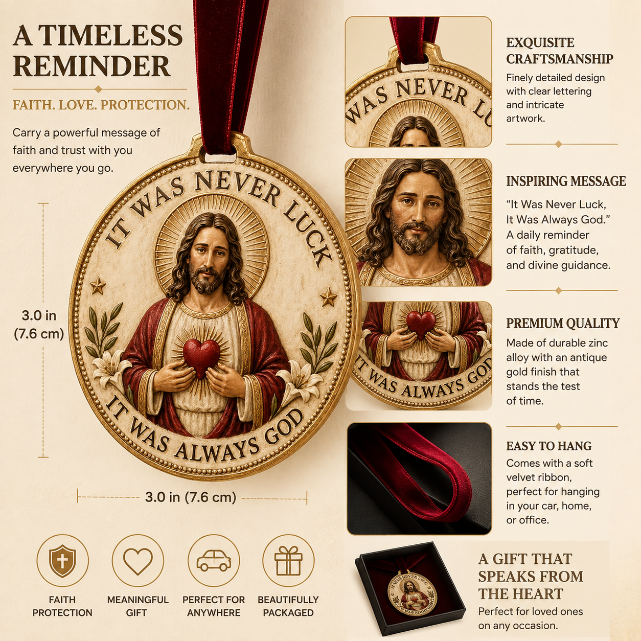 ✨ "It Was Never Luck, It Was Always God" – Vintage Sacred Heart Jesus Keepsake Ornament 🕊️