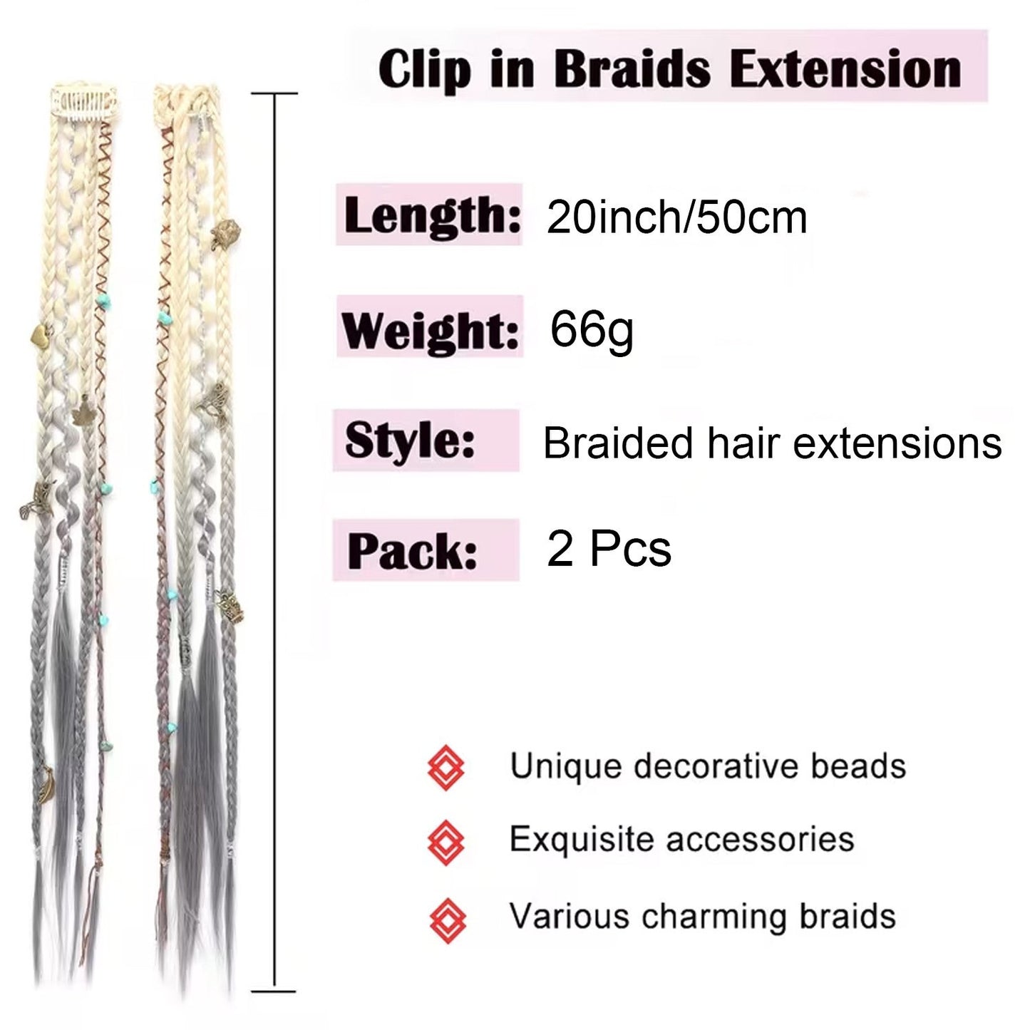 Boho Dreadlock Clip in Hair Extensions with Beads and Charms
