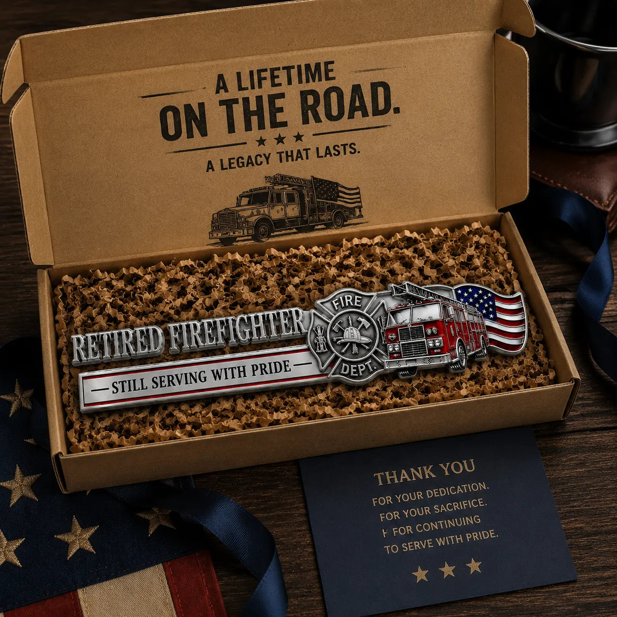 Premium "Retired Firefighter" 3D Metal Car Emblem | "Still Serving With Pride" Vehicle Badge with Flag & Fire Engine