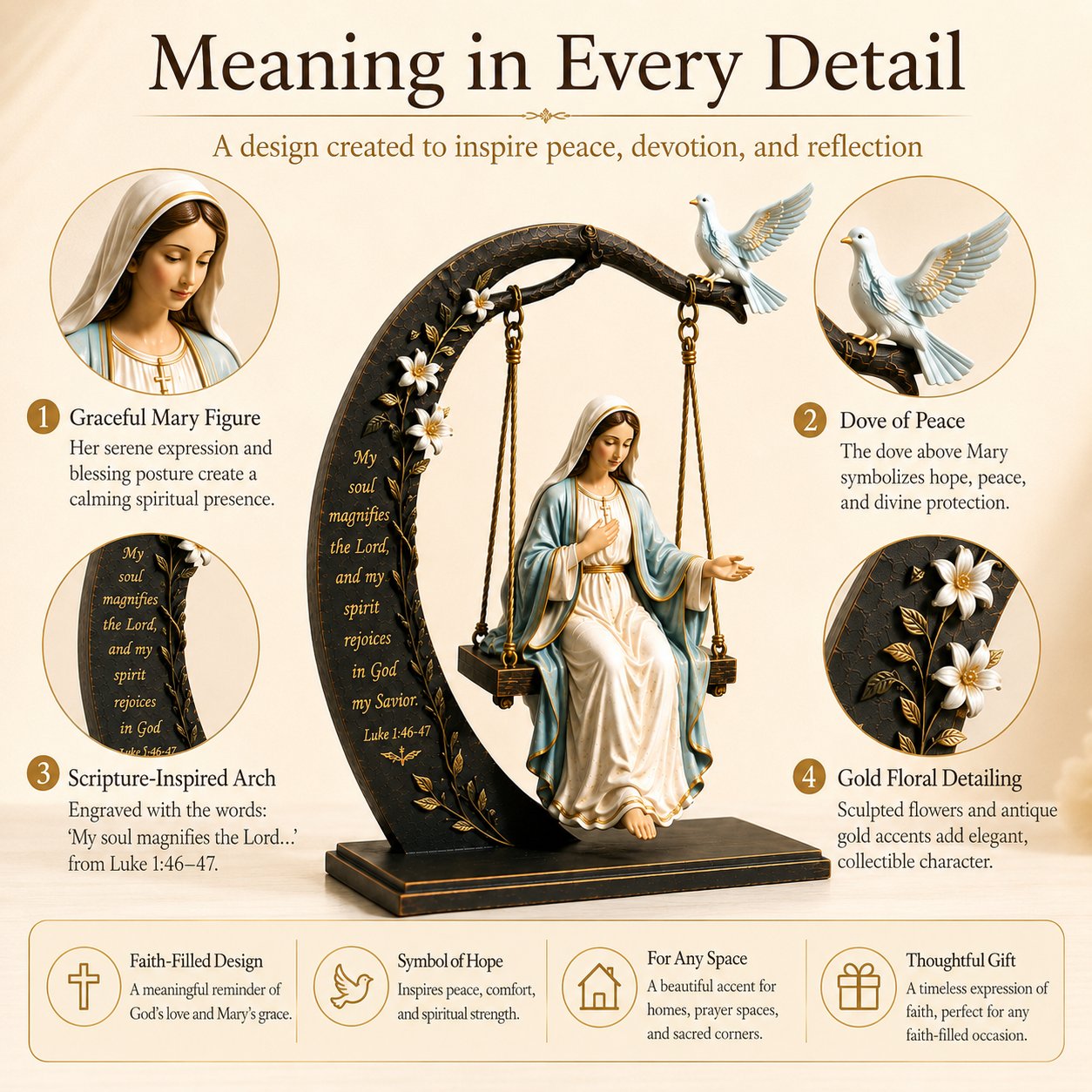 šBlessed Mary Cradle Swing Sculpture ā Luke 1:46 Faith Table Decor