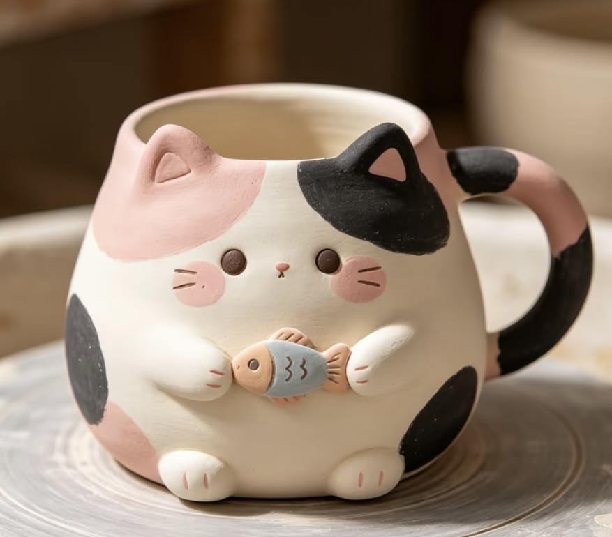 Chubby Calico Cat Mug with Fish 🐱🐟