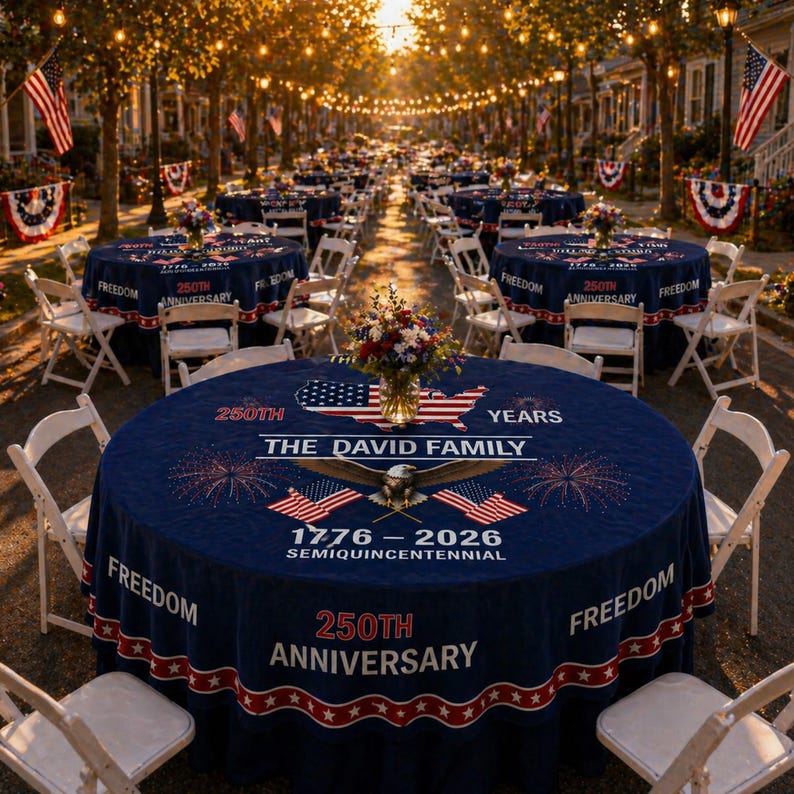 🇺🇸 Personalized 250th Anniversary Patriotic Round Tablecloth