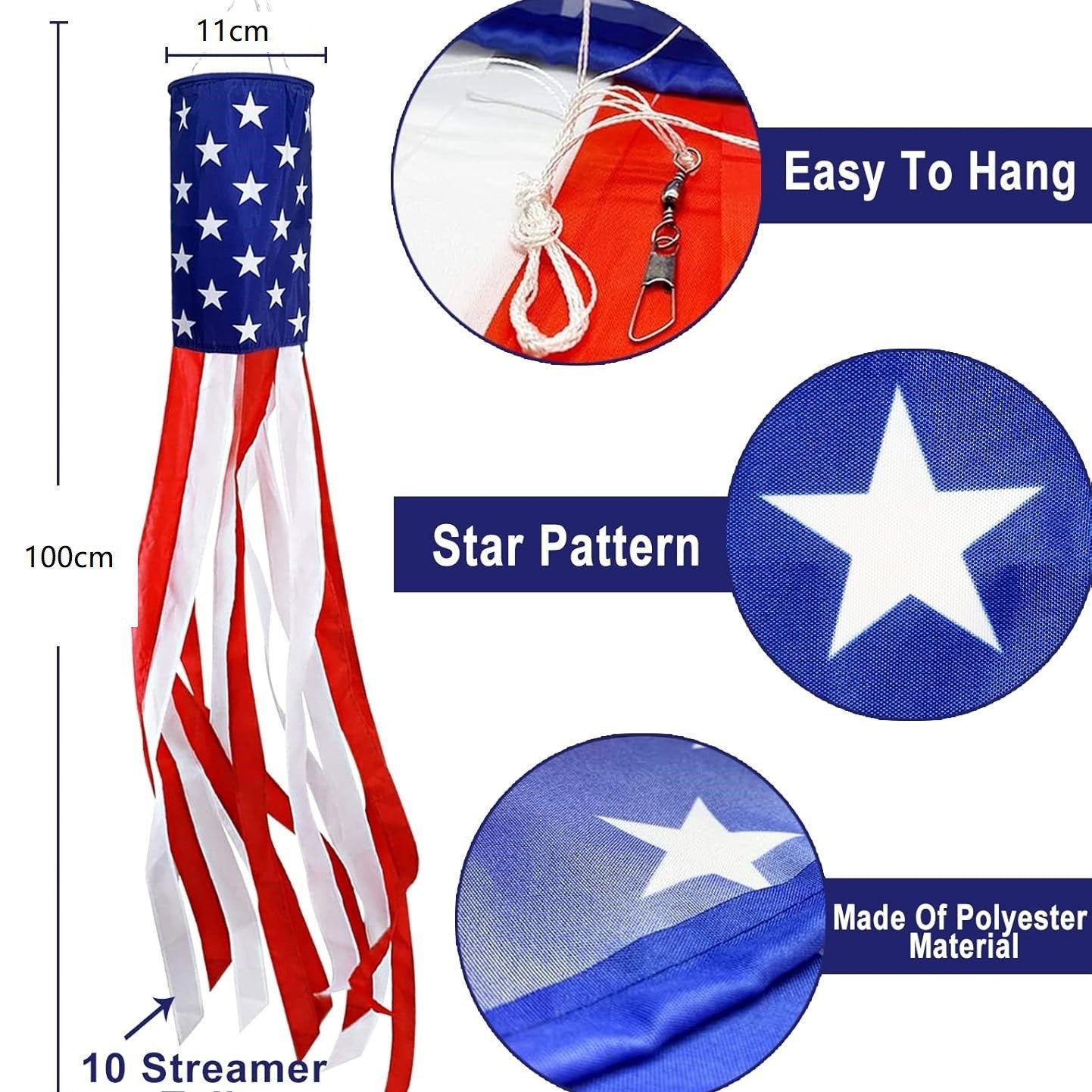 ๐๐3 Pack 50 Inch Large American Flag Windsocks with Red White Blue Lights