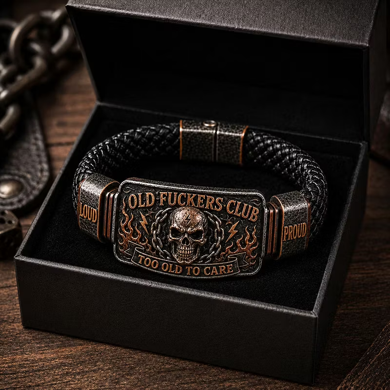 Old Fuckers Club Men’s Vintage Skull Flame Biker Braided Bracelet