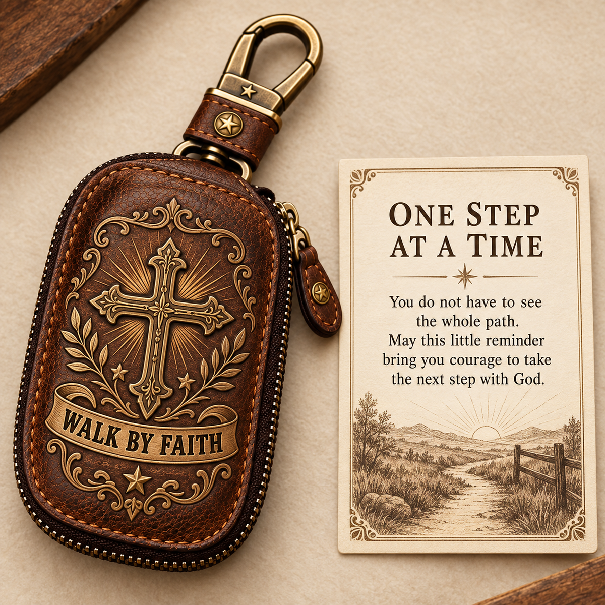 ποΈ "Faith Journey" Vintage Leather Key Case & Devotional Card Set | Christian Gift βοΈ