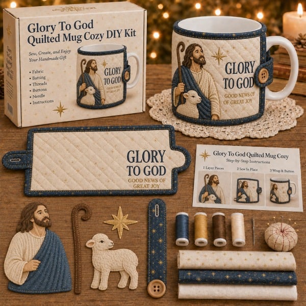 ⏳ Last Day 50% OFF – ✝️ Beginner-Friendly Christmas Faith Mug Cozy Sewing Kit | 6 Christian-Inspired Designs with Fabric Pieces, Batting, Appliqué, Thread, Buttons, Needle & Step-by-Step Guide Included 💕