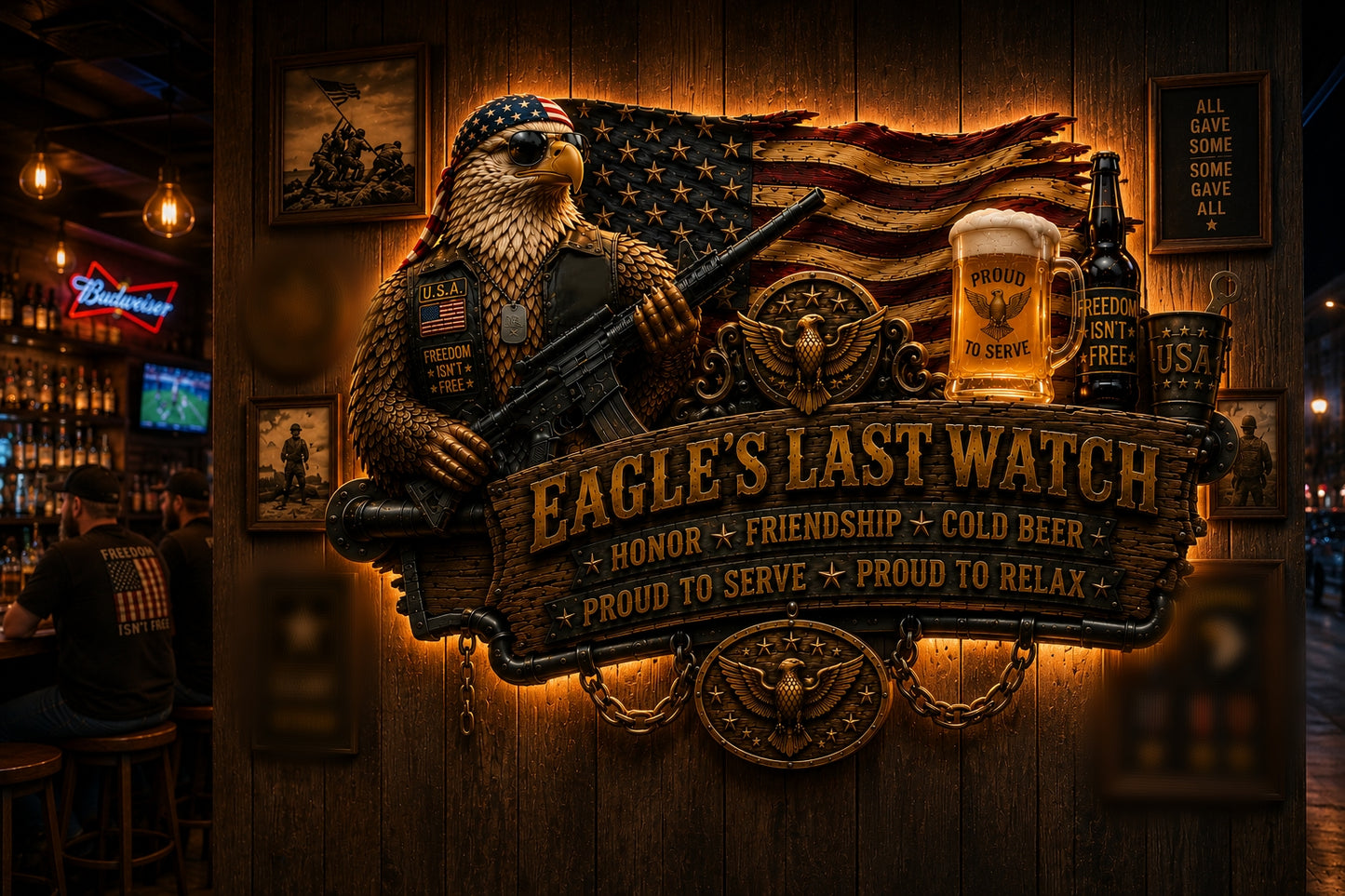 🇺🇸 Eagle’s Last Watch Veteran Bar Sign – Rustic Military Eagle Wall Decor
