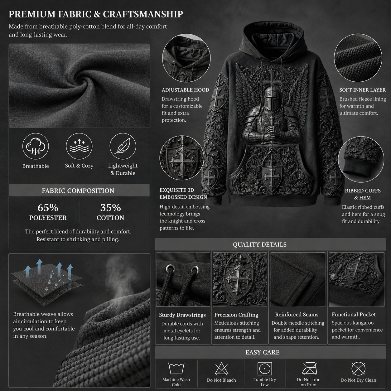 Men's Vintage Knights Templar Faith Print Casual Hoodie