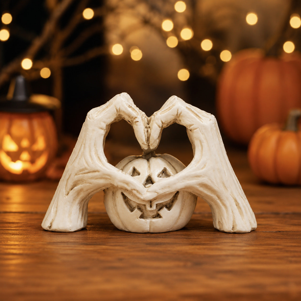 🖤🎃 "Til Death" Skeleton Hands Heart & White Pumpkin Figurine | Spooky Chic Gothic Halloween Decor