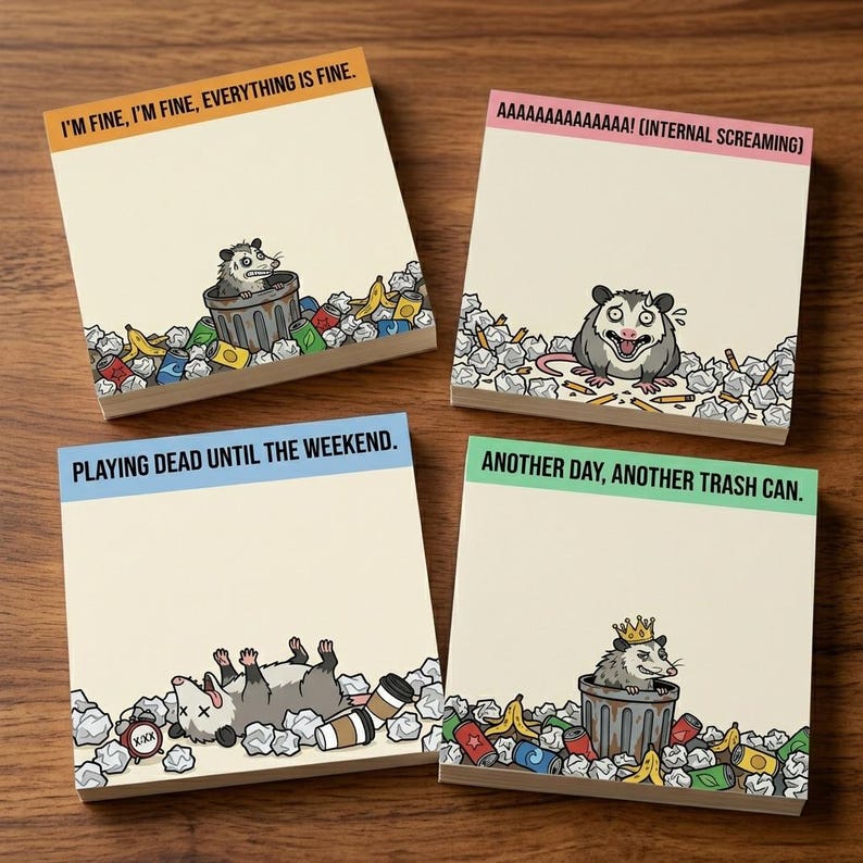 The "Relatable Opossum" Sticky Note Set (4-Pack) 🐾🗑️ | Funny Office Desk Accessories & Coworker Gag Gift