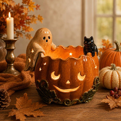 Handmade Ceramic Pumpkin Bowl, Ghost Cat Jack O Lantern Candle Holder, Halloween Tealight Centerpiece, Fall Shelf Decor
