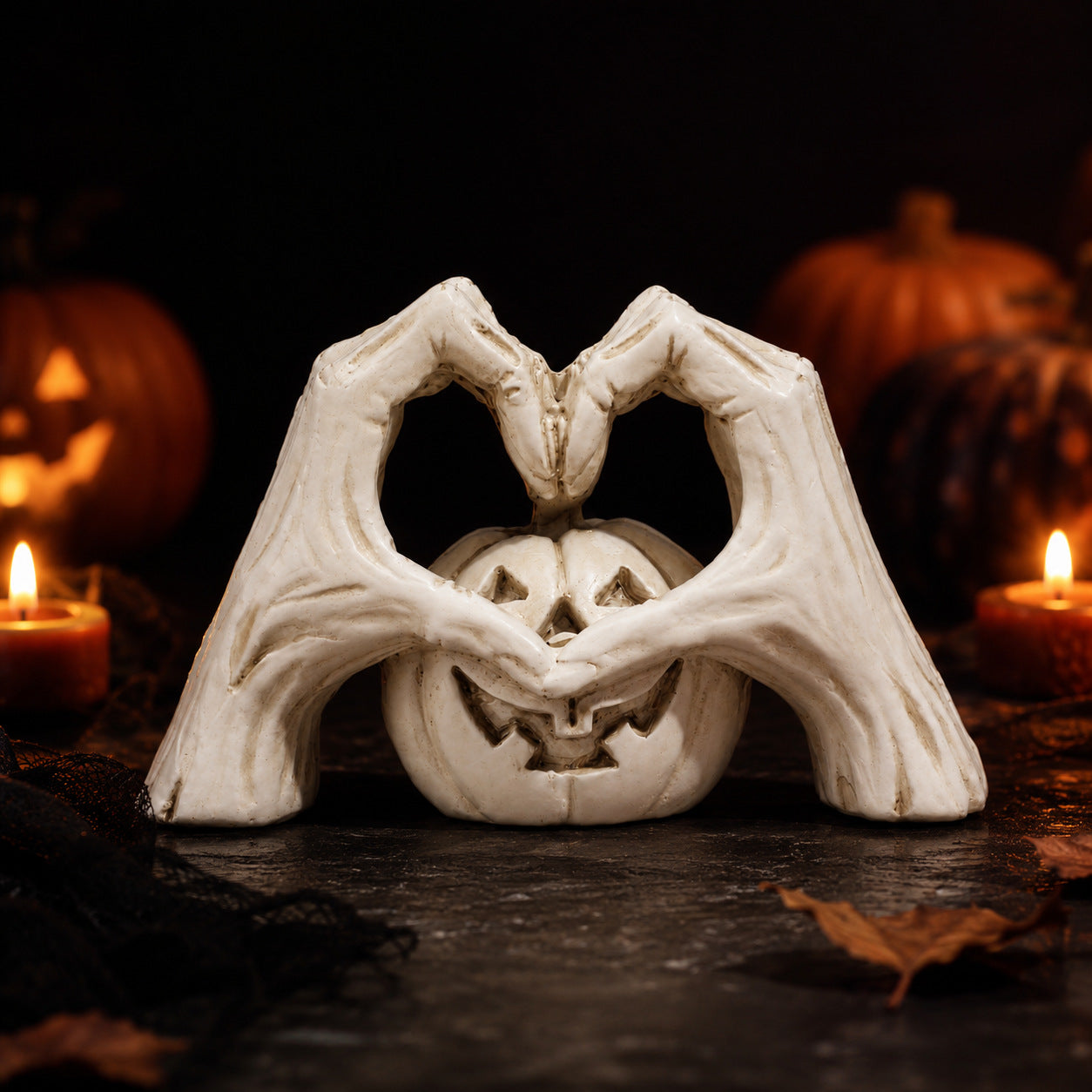 🖤🎃 "Til Death" Skeleton Hands Heart & White Pumpkin Figurine | Spooky Chic Gothic Halloween Decor