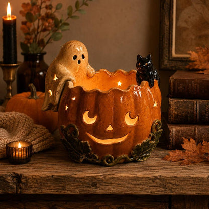 Handmade Ceramic Pumpkin Bowl, Ghost Cat Jack O Lantern Candle Holder, Halloween Tealight Centerpiece, Fall Shelf Decor