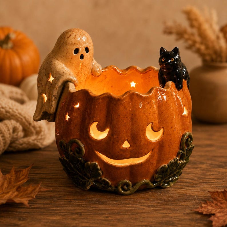 Handmade Ceramic Pumpkin Bowl, Ghost Cat Jack O Lantern Candle Holder, Halloween Tealight Centerpiece, Fall Shelf Decor