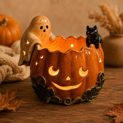 Handmade Ceramic Pumpkin Bowl, Ghost Cat Jack O Lantern Candle Holder, Halloween Tealight Centerpiece, Fall Shelf Decor
