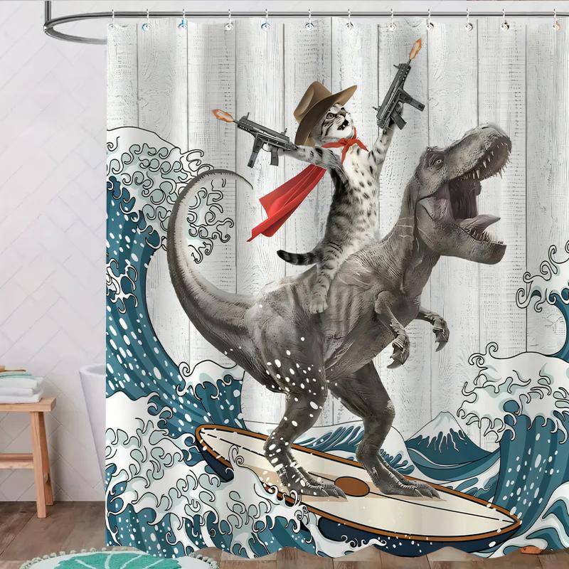 Dinosaur and Cat Pattern Removable Shower Curtain |  Waterproof Bathroom Curtain with 12 Hooks