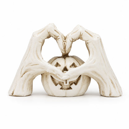 🖤🎃 "Til Death" Skeleton Hands Heart & White Pumpkin Figurine | Spooky Chic Gothic Halloween Decor