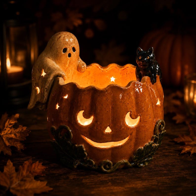 Handmade Ceramic Pumpkin Bowl, Ghost Cat Jack O Lantern Candle Holder, Halloween Tealight Centerpiece, Fall Shelf Decor