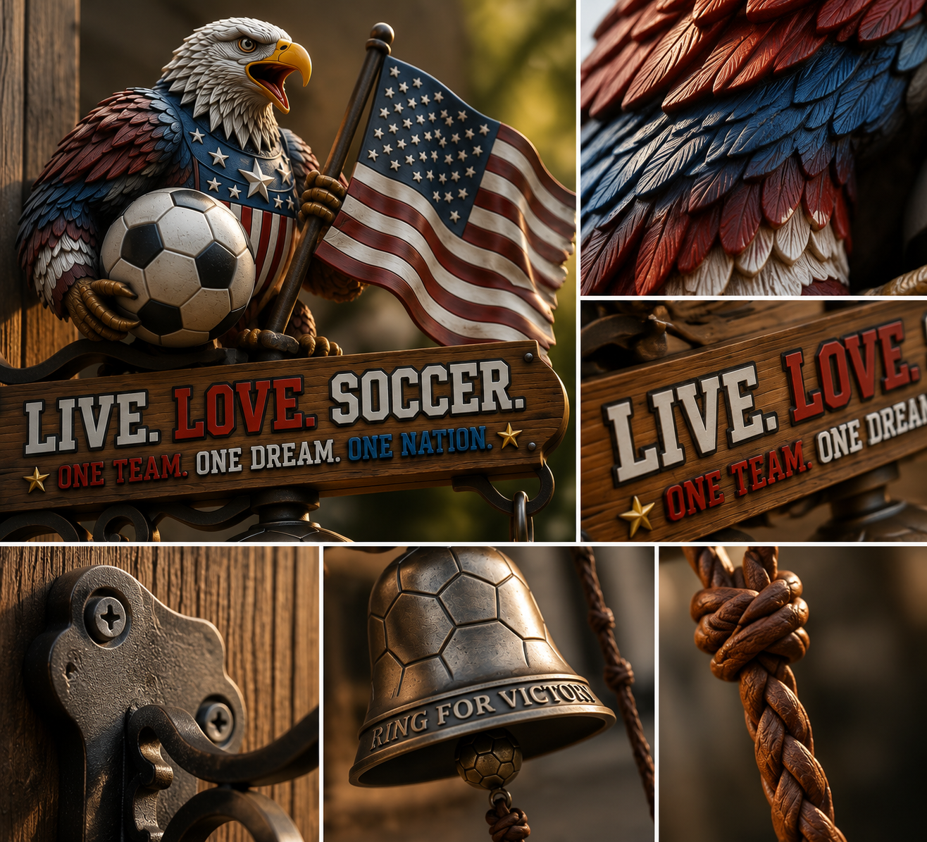 🔥🦅 LIVE LOVE SOCCER Eagle Wall Decor with Bell 🎊| 2026 USA Patriotic Soccer ⚽Porch Sign | Ring for Victory Rustic Home Wall Art