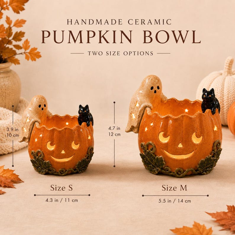 Handmade Ceramic Pumpkin Bowl, Ghost Cat Jack O Lantern Candle Holder, Halloween Tealight Centerpiece, Fall Shelf Decor
