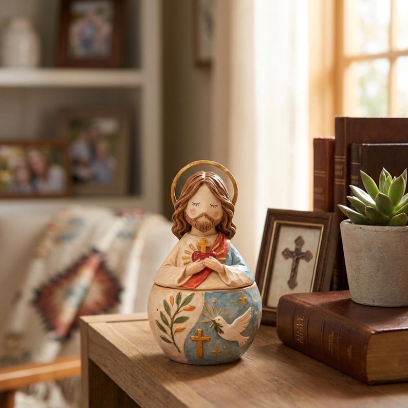 🌟 Divine Grace Collection: Hand-Painted Sacred Heart Jesus & Blessed Mary Keepsake Box