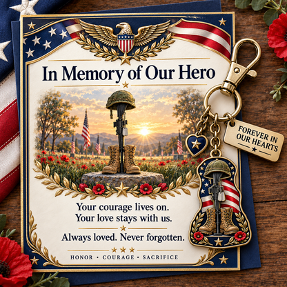 🇺🇸 "In Memory of Our Hero" Memorial Keychain &amp; Keepsake Card Set | Military Remembrance Gift