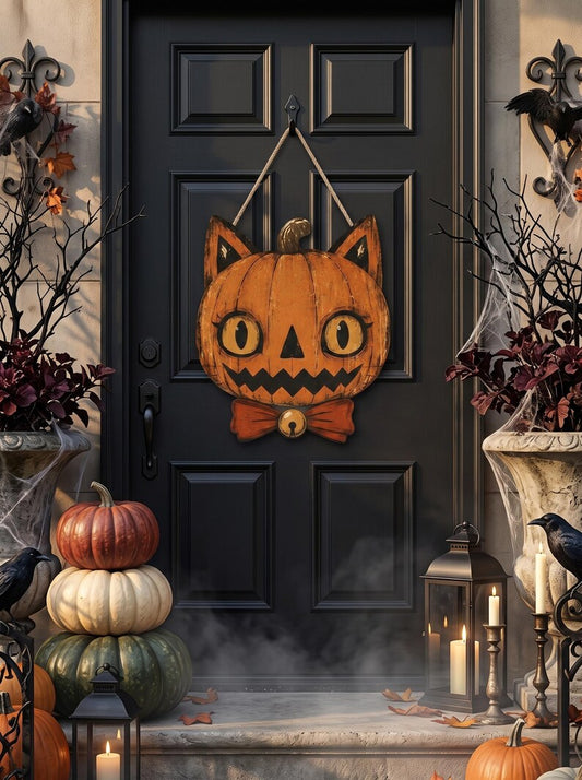 Vintage Halloween Decor Outdoor, Halloween Door Hanger, Gothic Home Decor, Skull, Black Cat, Primitive Halloween Decor, Housewarming Gift