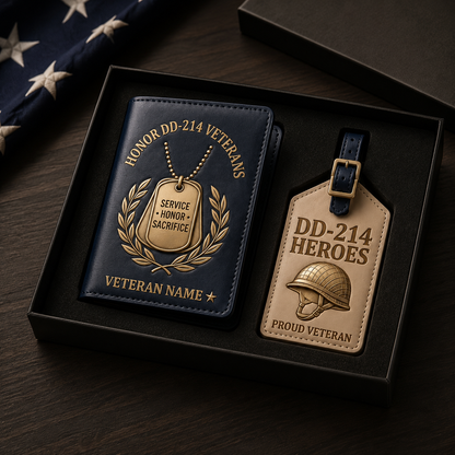 DD-214 Veterans Leather Passport Cover & Luggage Tag Set