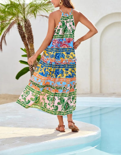 🔥Last Day Promotion-60% OFF💥Women's Boho Casual Summer Floral Halter Tiered Beach Dress