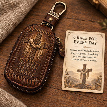 🕊️ "Faith Journey" Vintage Leather Key Case & Devotional Card Set | Christian Gift ✝️