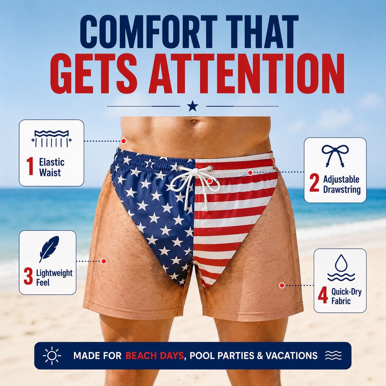 Comfort features elastic waist lightweight feel quick dry fabric