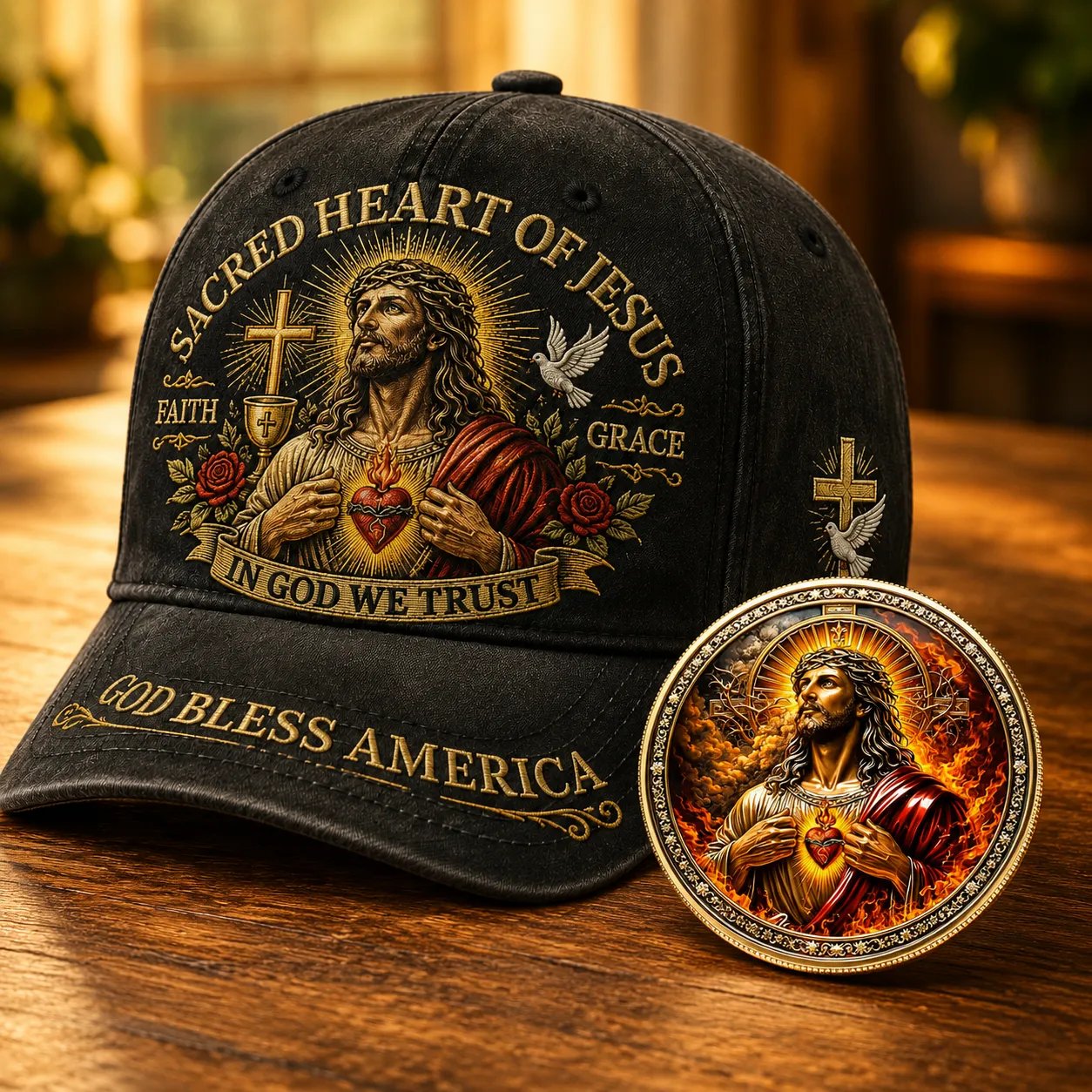 ✝️Sacred Heart Of Jesus Faith Cap🎁 Free Double-Sided Honor Coin With Every Cap Purchase