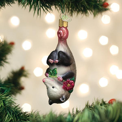 🎄 Hang In There! Adorable Upside-Down Opossum Glass Christmas Ornament 🌸