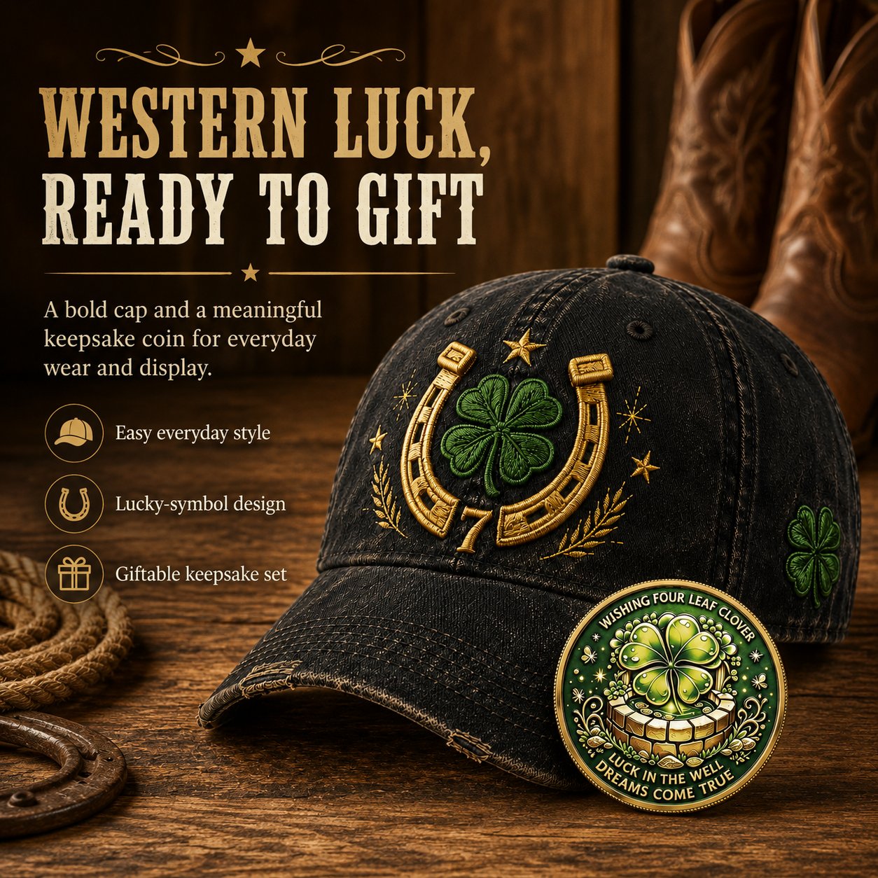 🍀Fortune Favors the Bold Vintage Lucky Cap – Free Clover Coin Included