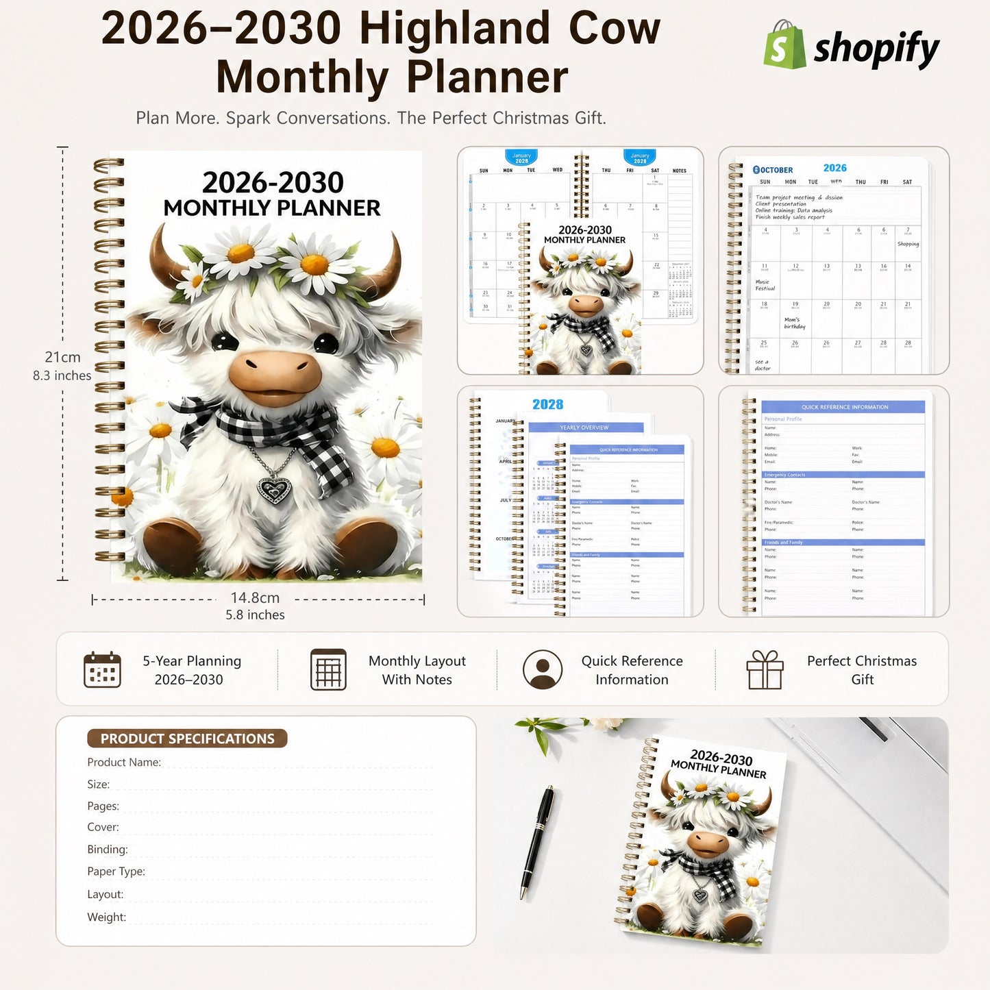 🐮 2026–2030 Highland Cow Monthly Planner 📚