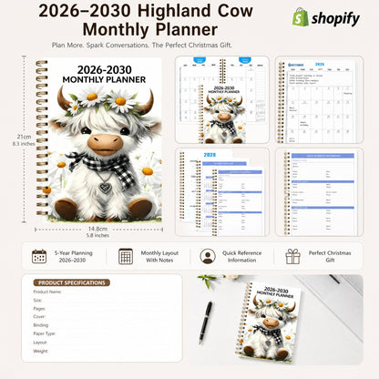 🐮 2026–2030 Highland Cow Monthly Planner 📚