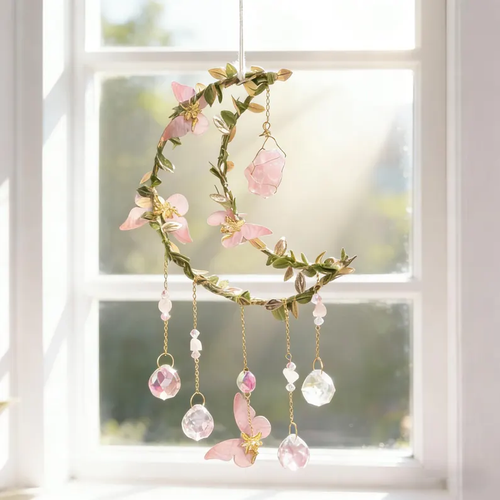 Handcrafted Crystal Moon Suncatcher – Pink Flower & Butterfly Window Décor