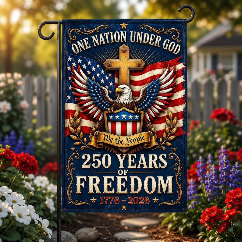🇺🇸 "250 Years of Freedom" Commemorative Garden Flag | One Nation Under God Eagle & Cross Yard Decor (1776-2026)