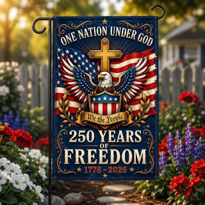 🇺🇸 "250 Years of Freedom" Commemorative Garden Flag | One Nation Under God Eagle & Cross Yard Decor (1776-2026)