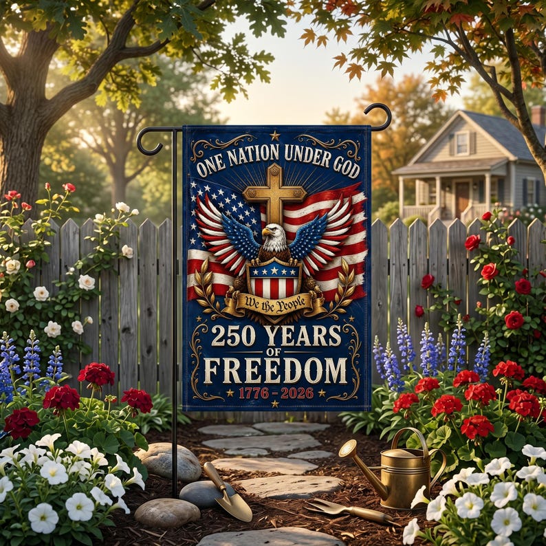 🇺🇸 "250 Years of Freedom" Commemorative Garden Flag | One Nation Under God Eagle & Cross Yard Decor (1776-2026)