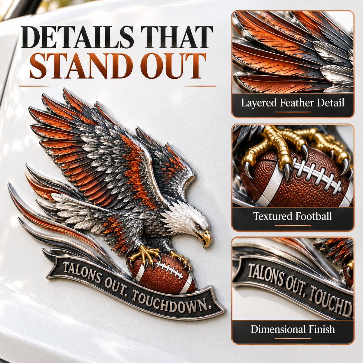 🦅 "Talons Out. Touchdown!" Premium Metal Eagle Car Emblem 5.9“*5.9” | The Ultimate Football Fan Decal