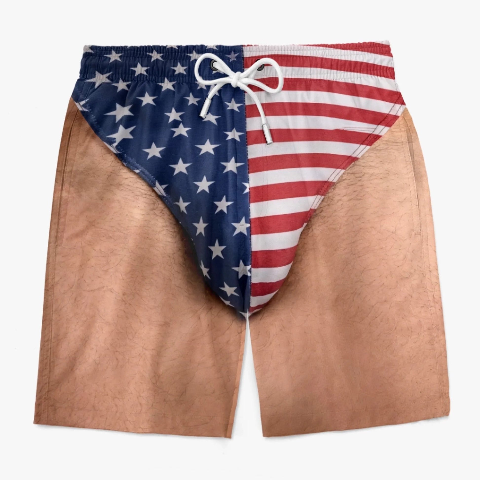 Funny patriotic swim trunks product flat lay
