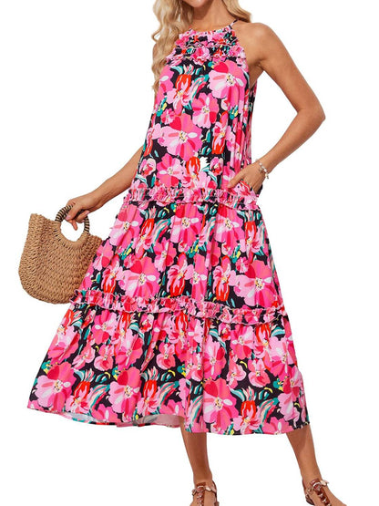 🔥Last Day Promotion-60% OFF💥Women's Boho Casual Summer Floral Halter Tiered Beach Dress