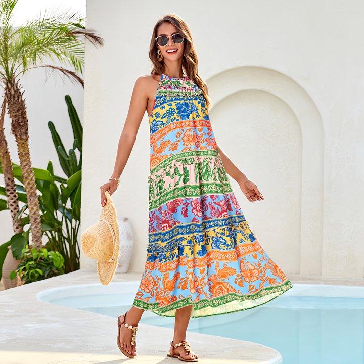 🔥Last Day Promotion-60% OFF💥Women's Boho Casual Summer Floral Halter Tiered Beach Dress