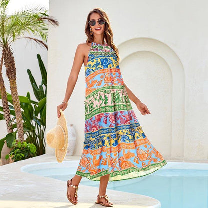 🔥Last Day Promotion-60% OFF💥Women's Boho Casual Summer Floral Halter Tiered Beach Dress