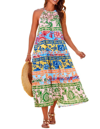 🔥Last Day Promotion-60% OFF💥Women's Boho Casual Summer Floral Halter Tiered Beach Dress