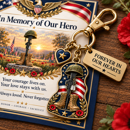🇺🇸 "In Memory of Our Hero" Memorial Keychain &amp; Keepsake Card Set | Military Remembrance Gift