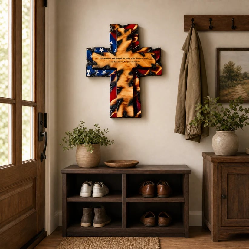 🌟🎉Patriotic American Tattered Flag Cross Wall Decor